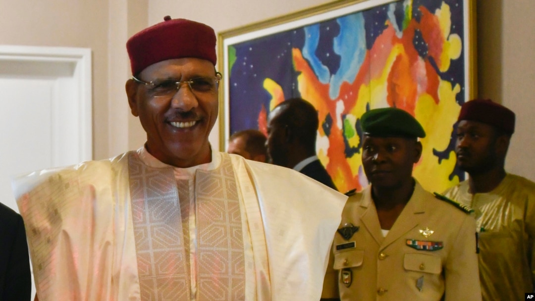 FILE - Niger President Mohamed Bazoum at the presidential palace in Niamey, Niger, March 16, 2023. The European Union and the United States have called for the military junta that seized power in Niger last week to halt their coup and return Bazoum to office.