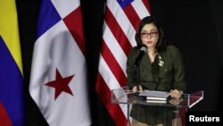 FILE - Panama's Foreign Minister Janaina Tewaney speaks in Panama City, Panama April 11, 2023.
