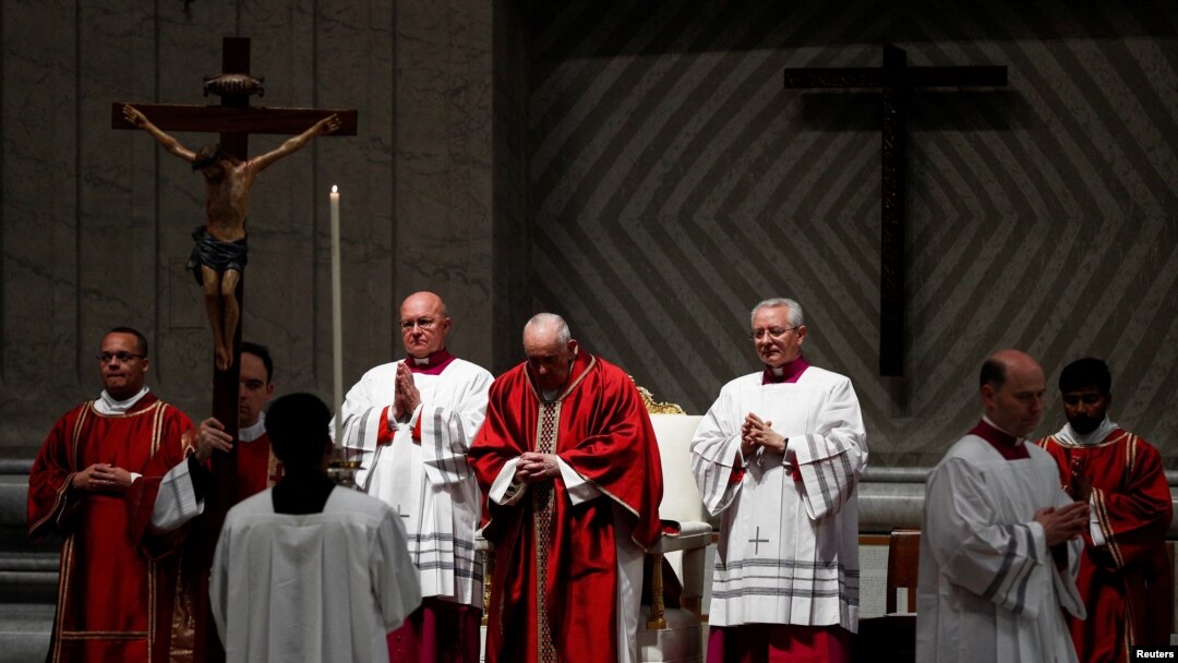 Pope Francis presides at the Good Friday Passion of the Lord service in Saint Peter's Basilica at the Vatican, April 7, 2023.