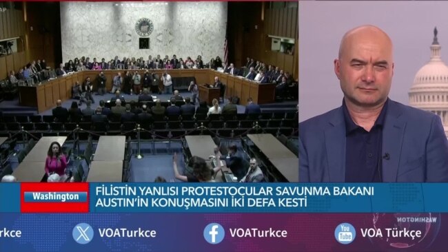 Austin'in konuştuğu Senato komisyonu oturumunda Filistin'e destek sloganları
