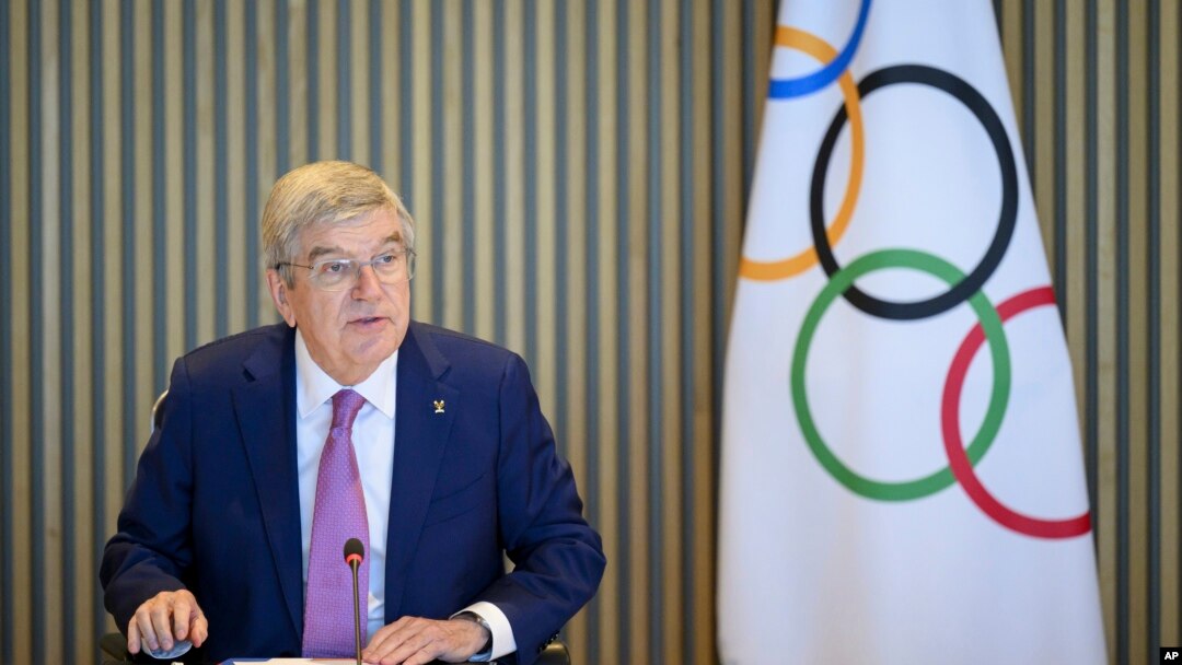 International Olympic Committee (IOC) President Thomas Bach speaks at the opening of the executive board meeting of the International Olympic Committee (IOC), at the Olympic House, in Lausanne, Switzerland, March 19, 2024. (Laurent Gillieron/Keystone via AP)