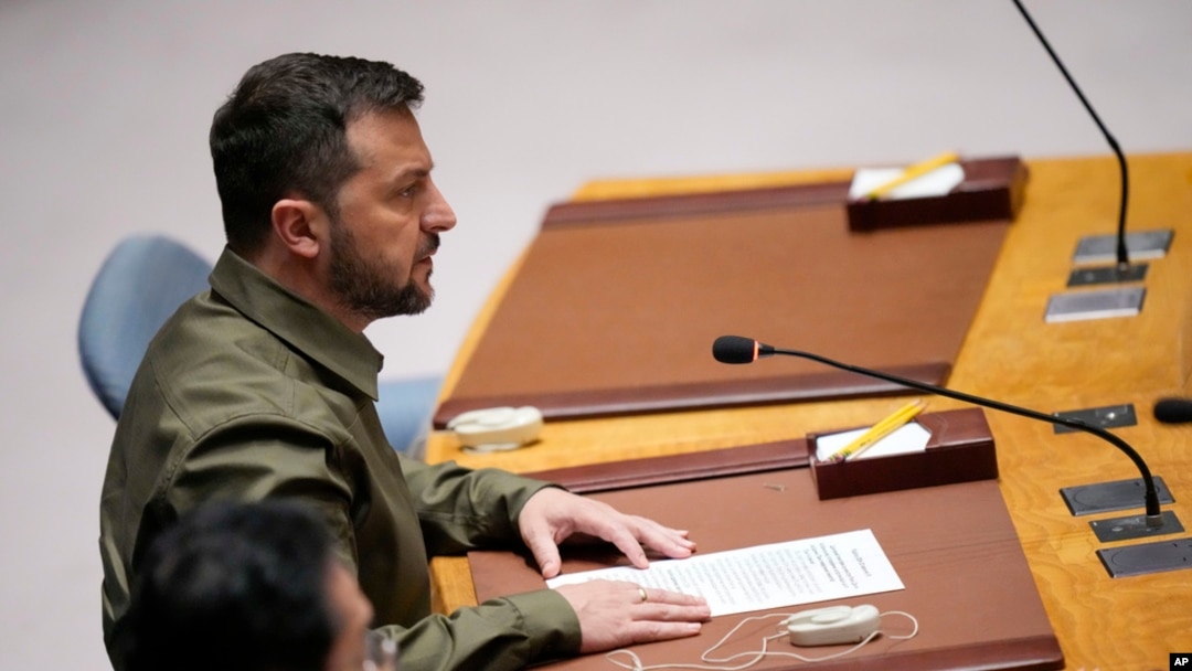 FILE - Ukrainian President Volodymyr Zelenskyy speaks during a high-level Security Council meeting on Ukraine, Sept. 20, 2023, at United Nations headquarters.