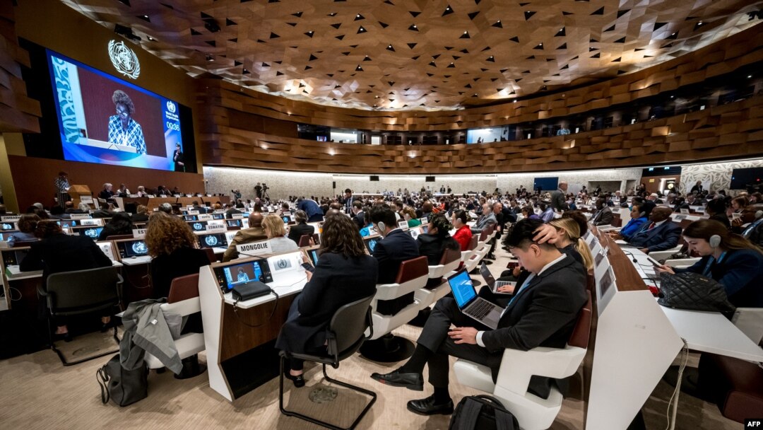 Delegates attend the opening day of the 77th World Health Organization (WHO) World Health Assembly in Geneva on May 27, 2024.