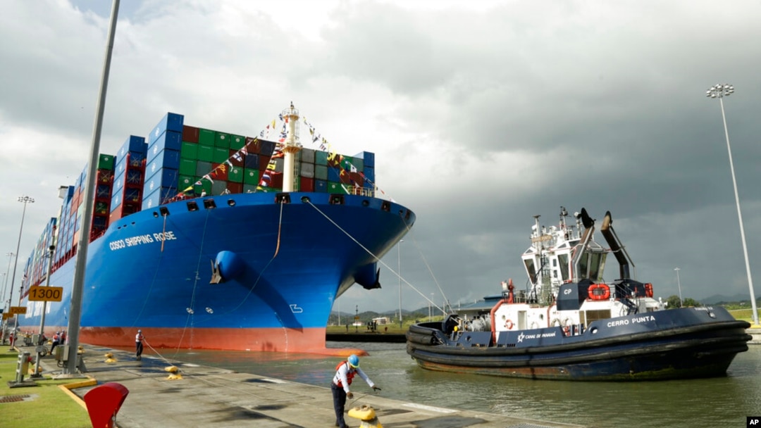 FILE - This Dec. 3, 2018, photo shows the Chinese container ship Cosco docking at the Cocoli Locks in Panama City. China’s expansion in Latin America of its Belt and Road Initiative to build trade-related facilities is stirring anxiety in Washington.