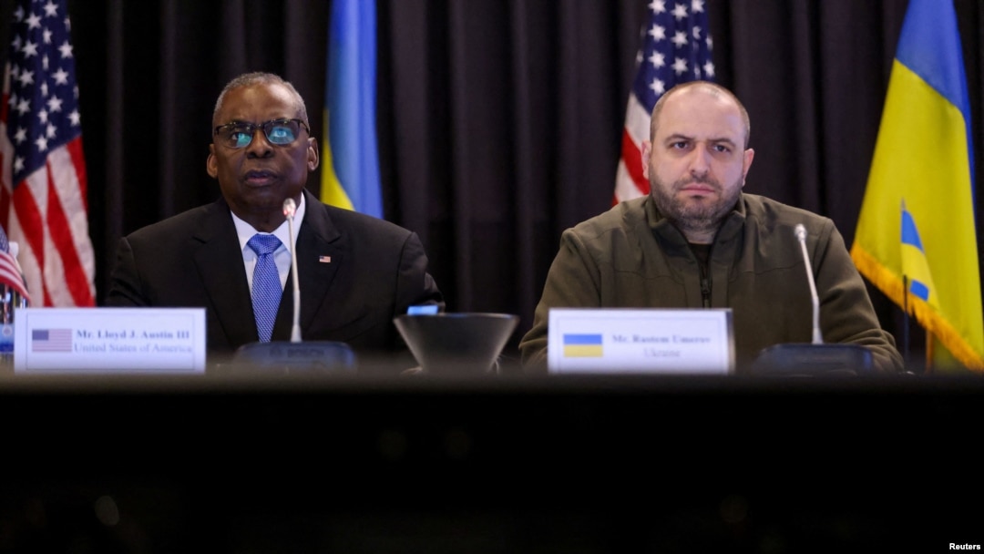 US Secretary of Defense Lloyd Austin and Ukrainian Defense Minister Rustem Umerov attend a meeting of the Ukraine Defense Contact Group at the American military's Ramstein Air Base, Germany, March 19, 2024. 