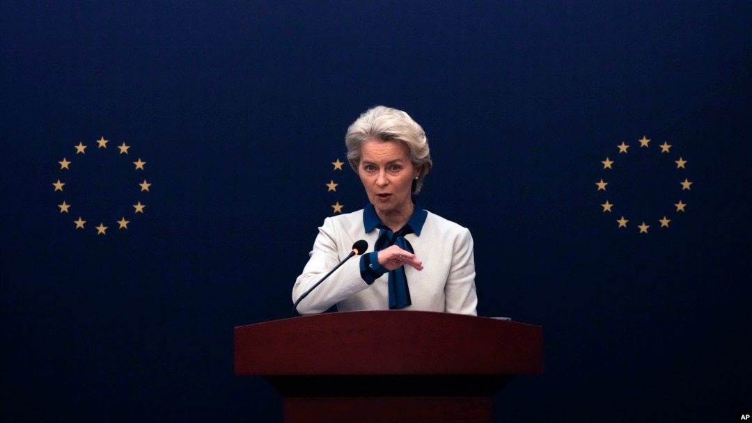 FILE - European Commission President Ursula von der Leyen speaks during a press conference at the European Union Delegation to China compound after meeting with Chinese President Xi Jinping and Premier Li Qiang in Beijing, Dec. 7, 2023.