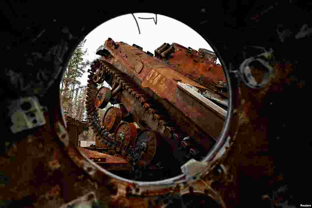 A view shows destroyed Russian tanks and armored vehicles, amid Russia's invasion of Ukraine, in the recently liberated town of Lyman, Donetsk region, Ukraine.