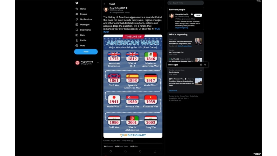 Screen shot of a deleted tweet from Meifang Zhang, Consul General of China in Belfast, posted on August 23, 2022.