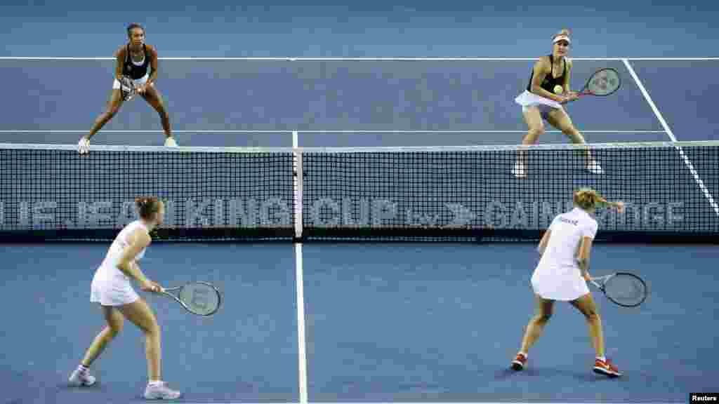Canada's Leylah Fernandez (top left) and Gabriela Dabrowski take on Switzerland's Simona Waltert (bottom left) and Jil Teichmann in the Billie Jean King Cup at Emirates Arena in Glasgow, Scotland.