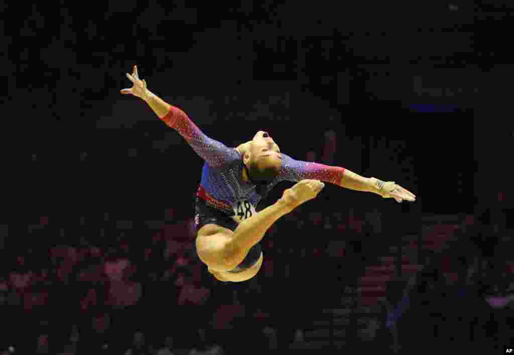 Britain's Jessica Gadirova competes in the floor exercise finals during the Artistic Gymnastics World Championships at M&S Bank Arena in Liverpool, England.