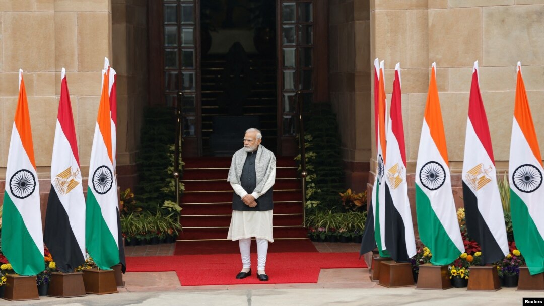 Indian Prime Minister Narendra Modi waits for Egyptian President Abdel Fattah El Sisi to arrive before their meeting at the Hyderabad House in New Delhi, Jan. 25, 2023. 