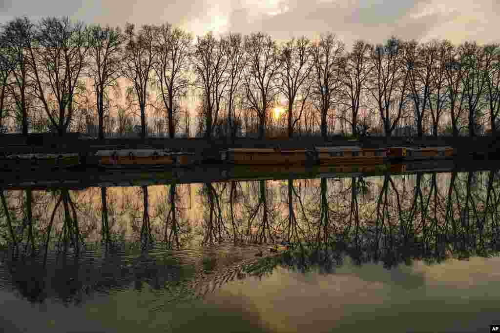 Ducks swim as Chinar trees are reflected on the waters of Dal Lake on a cold day in Srinagar, Indian controlled Kashmir.