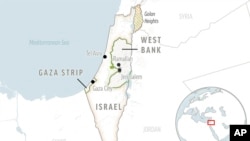 A locator map of Israel, the Gaza Strip and the West Bank. 