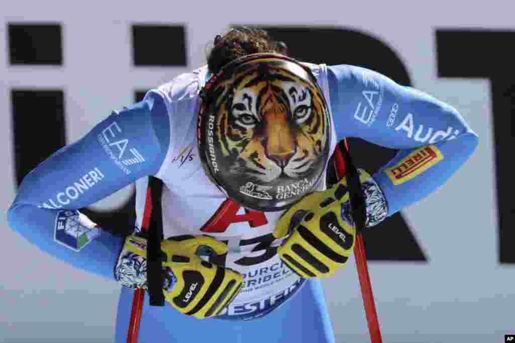Italy's Federica Brignone is seen at the finish area of an alpine ski, women's World Championships super G, in Meribel, France.