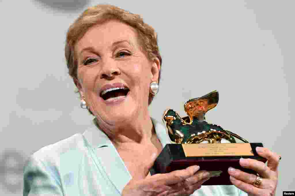 Julie Andrews poses with the Golden Lion for Lifetime Achievement award during the 76th Venice Film Festival, Italy.
