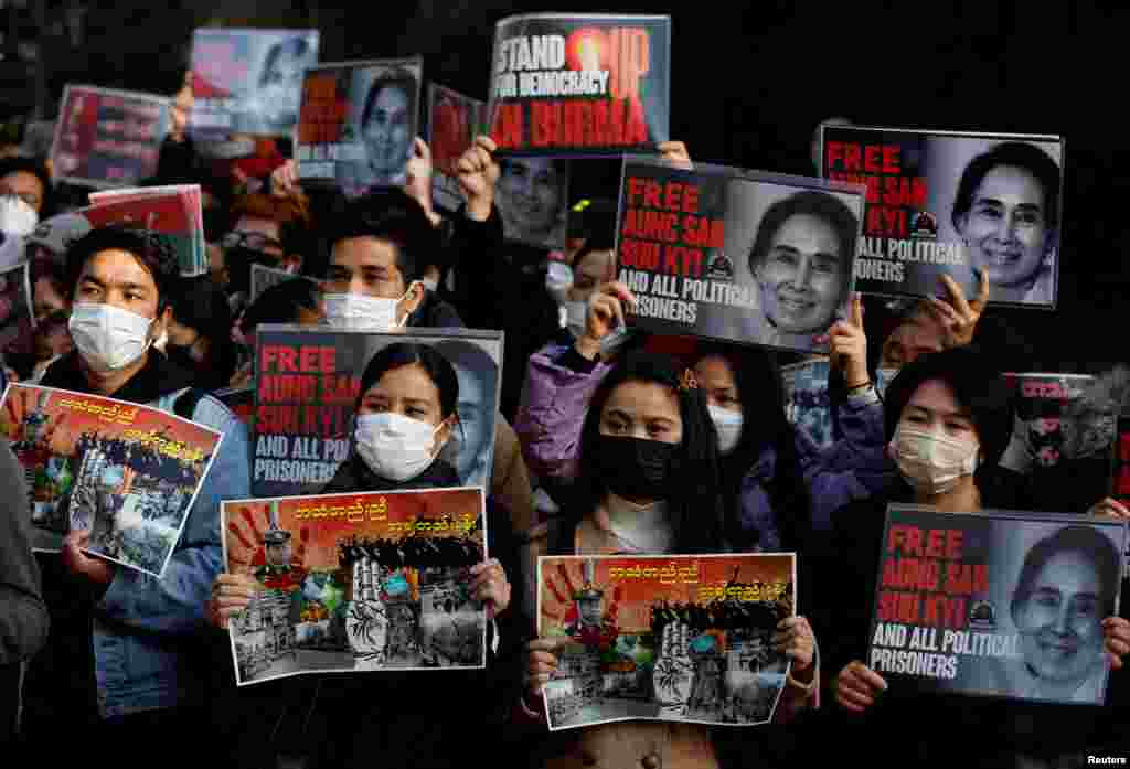 Myanmar protesters residing in Japan rally to mark the second anniversary of the 2021 military coup, outside the Myanmar Embassy in Tokyo.