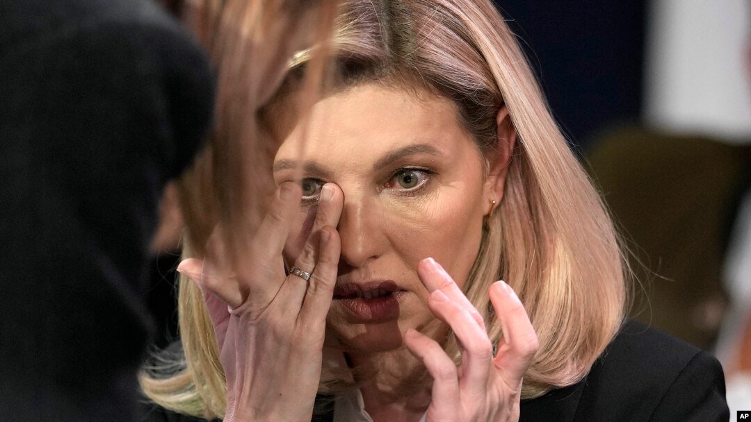 First Lady of Ukraine Olena Zelenska reacts at the World Economic Forum in Davos, Switzerland after the news of a helicopter crash in Ukraine, Jan. 18, 2023.