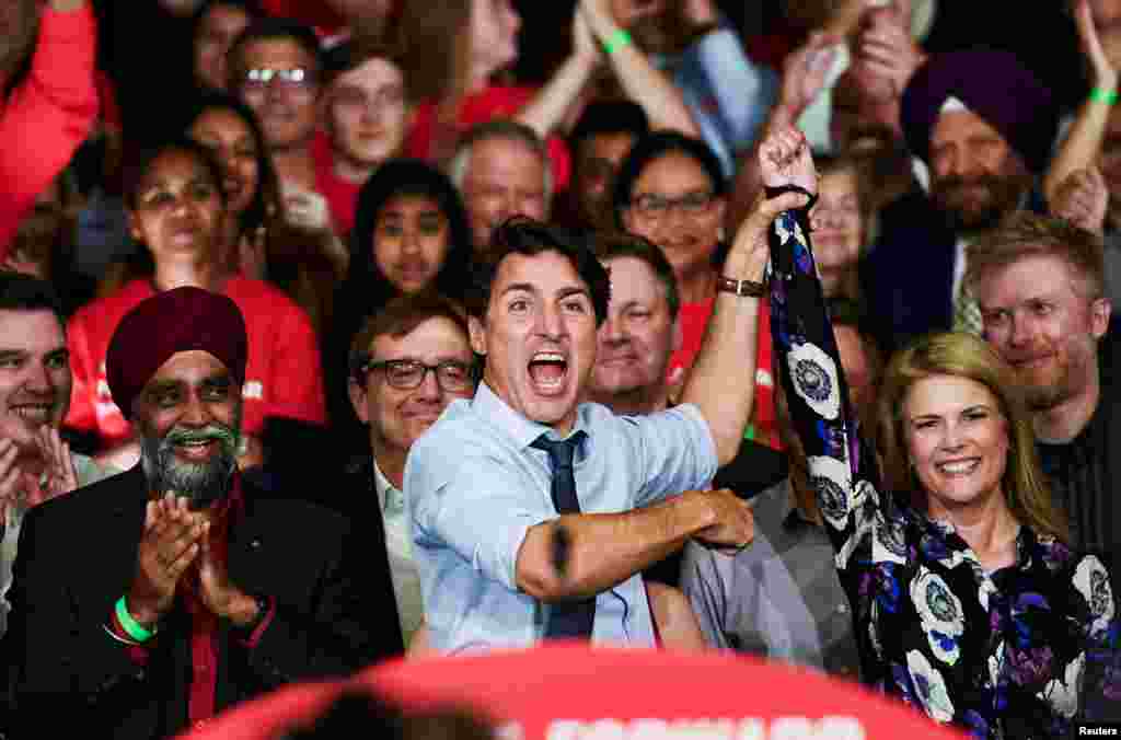 Canada's Prime Minister Justin Trudeau introduces Vancouver Kingsway candidate Tamara Taggart at a rally in Vancouver, British Columbia, Sept. 11, 2019.