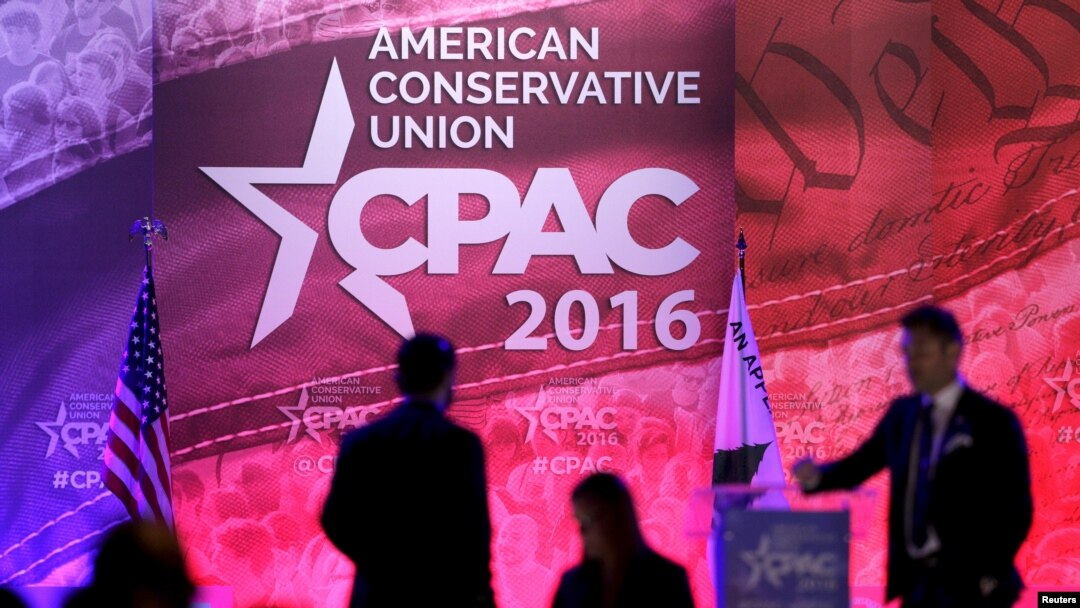 FILE - People walk on the stage on the final day of the 2016 Conservative Political Action Conference (CPAC) at National Harbor, Maryland, March 5, 2016. 