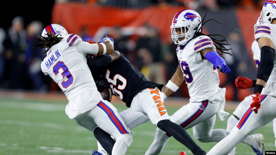 Jan. 2, 2023; Cincinnati, Ohio; Buffalo Bills safety Damar Hamlin (3) makes the tackle on Cincinnati Bengals wide receiver Tee Higgins (85) during the first quarter at Paycor Stadium. Courtesy: Joseph Maiorana-USA TODAY Sports