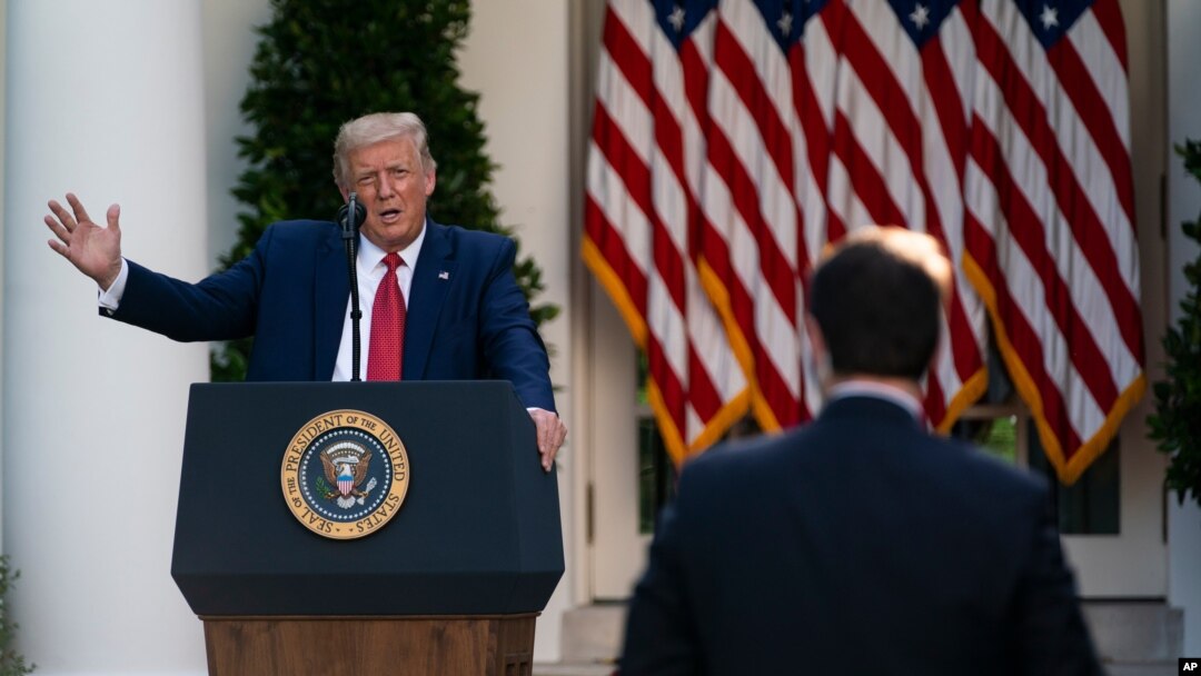 President Donald Trump speaks during a news conference in the Rose Garden of the White House, July 14, 2020, in Washington.