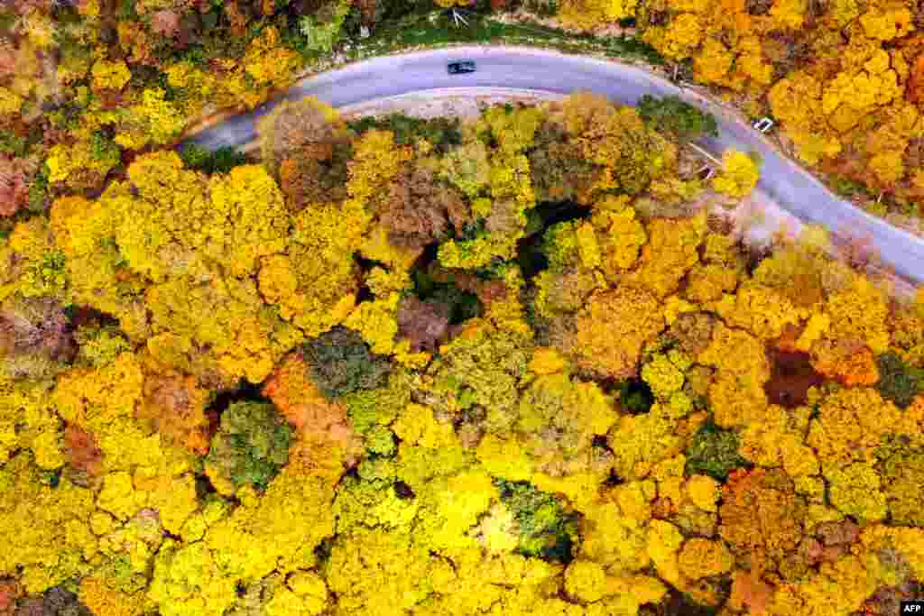 An aerial shows a car moving along a road near the village of Martkopi, outside Tbilisi, Georgia.