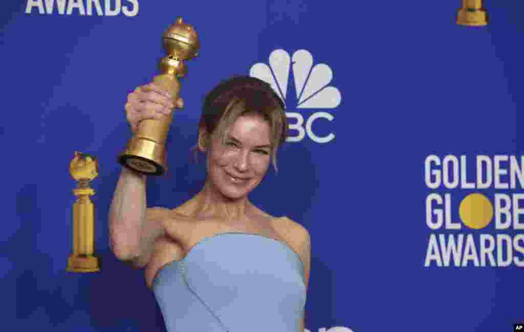 Renee Zellweger poses with the award for best performance by an actress in a motion picture drama for "Judy" at the 77th annual Golden Globe Awards at the Beverly Hilton Hotel, Jan. 5, 2020, in Beverly Hills, California.
