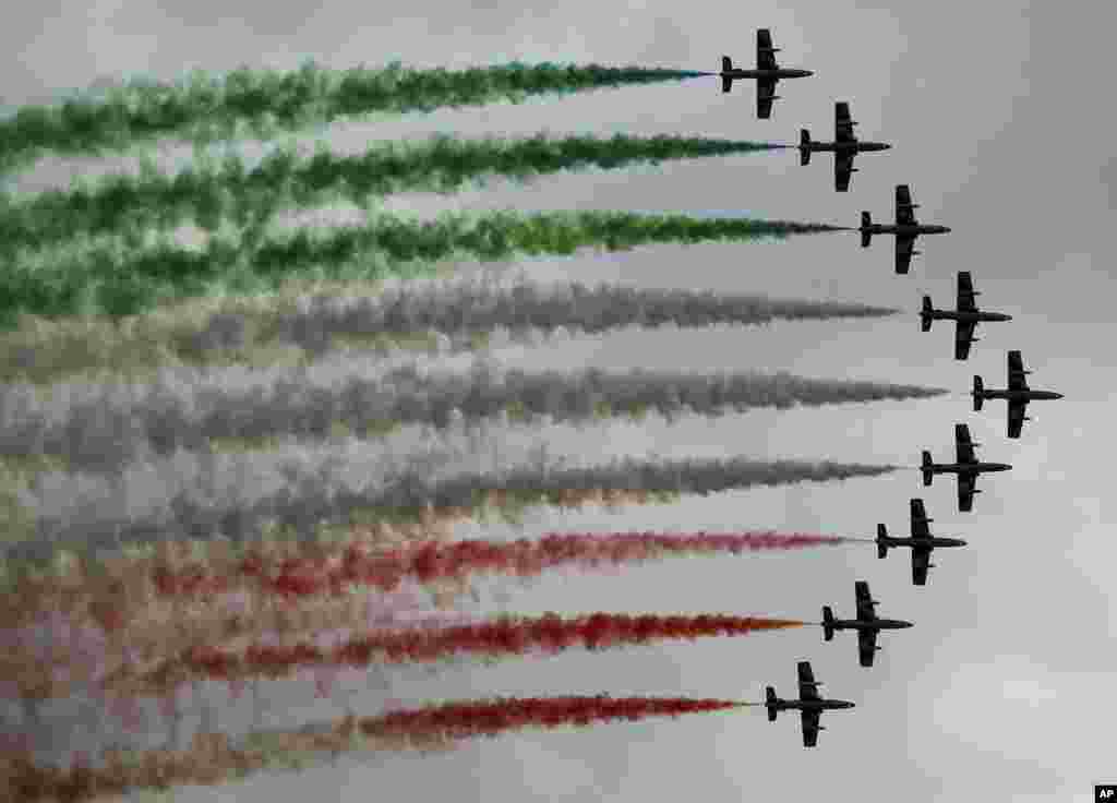 The Frecce Tricolori Italian Air Force aerobatic team performs during the Airpower 19 airplane show in Zeltweg, Styria, Austria.