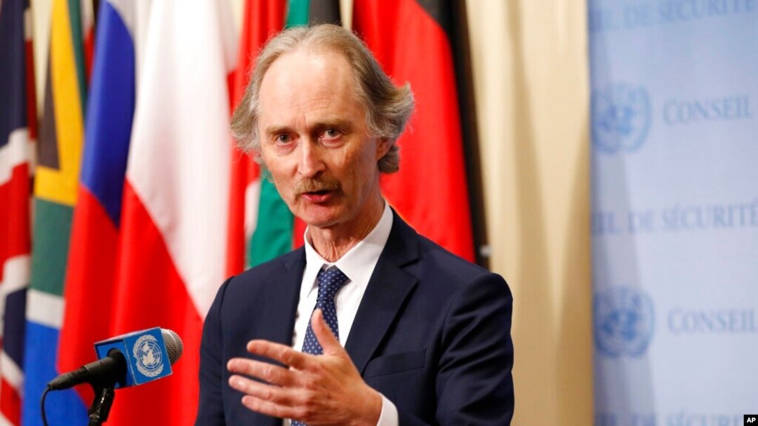 FILE - U.N. Special Envoy for Syria Geir Pedersen speaks to journalists following a U.N. Security Council meeting on Syria at U.N. headquarters, April 30, 2019.