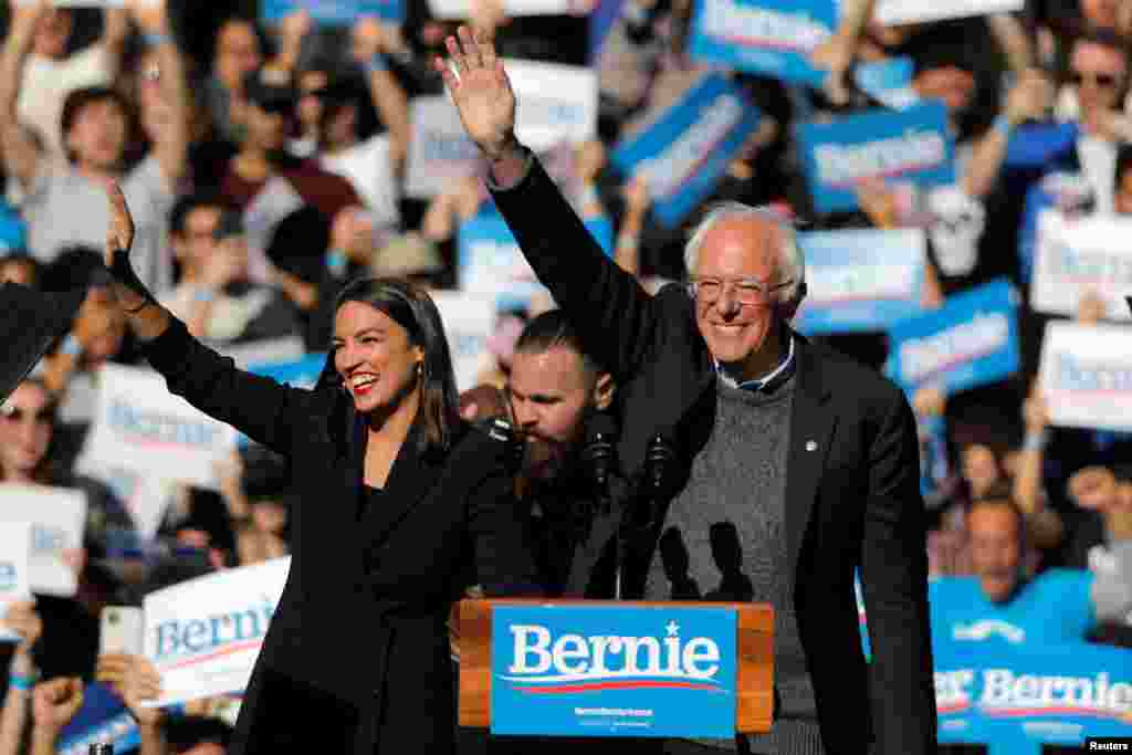 U.S. Rep. Alexandria Ocasio-Cortez (D-NY) introduces Democratic 2020 presidential candidate and Senator Bernie Sanders (I-VT) during the "Bernie's Back" rally at Queensbridge Park in the Queens Borough of New York City, Oct. 19, 2019.