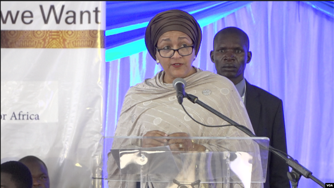 FILE - U.N. Deputy Secretary-General Amina Mohammed speaks at a development forum in Victoria Falls, Zimbabwe, Feb. 25, 2020. (Columbus Mavhunga/VOA)