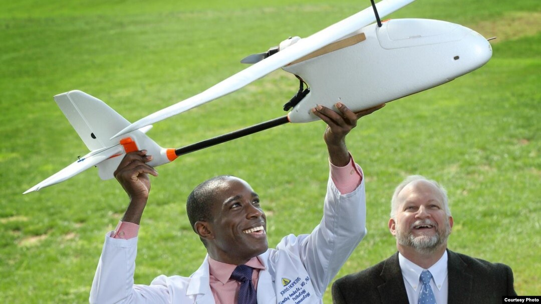 Pathologist Timothy Amukele, left, teamed with Robert Chalmers and other engineers to create a drone courier system that transports blood to diagnostic laboratories. (Credit: Johns Hopkins Medicine)