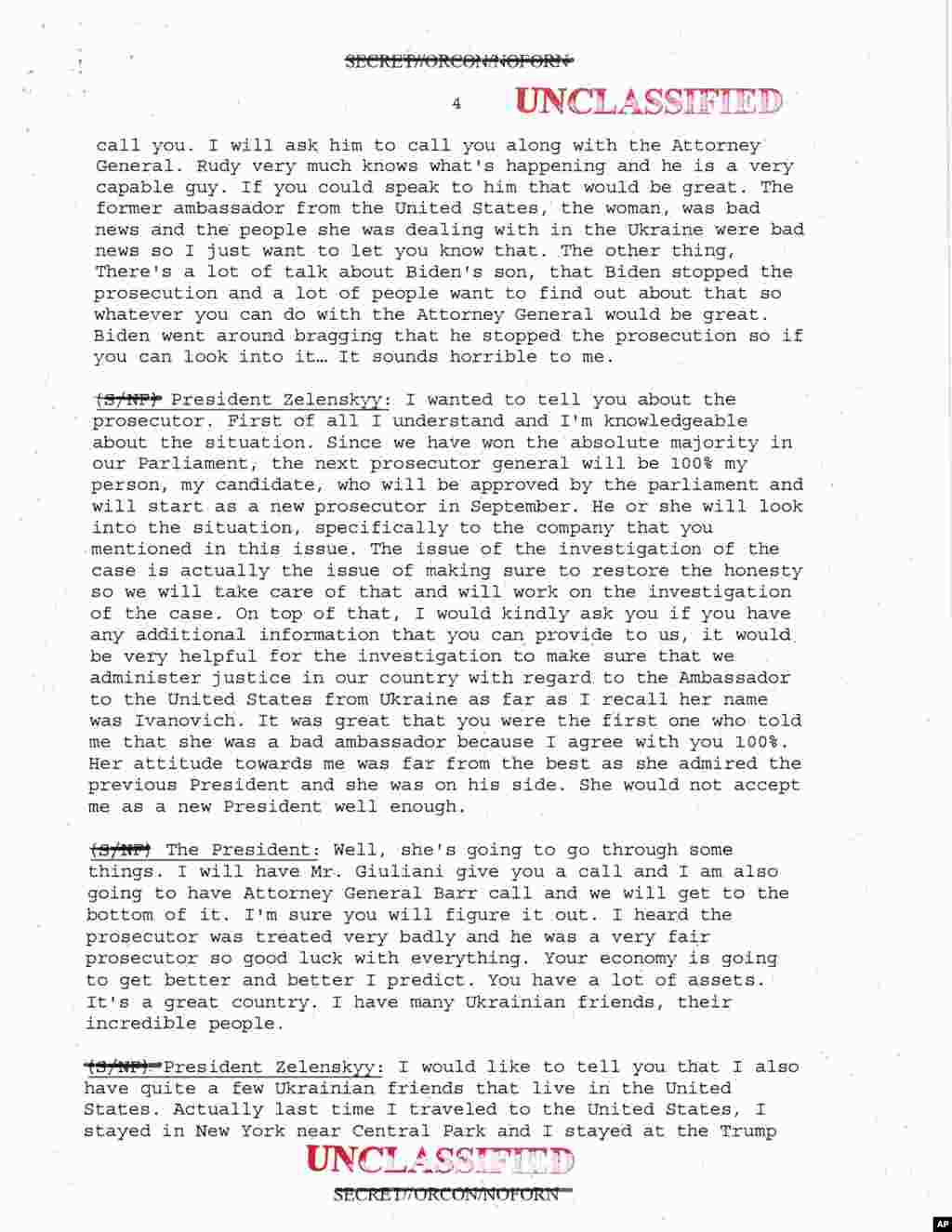 Page four of five from a White House-released rough transcript of President Donald Trump's July 25, 2019, telephone conversation with Ukraine's newly elected president Volodymyr Zelenskiy.