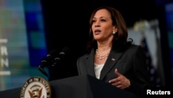 FILE - U.S. Vice President Kamala Harris delivers virtual remarks to the National Bar Association in the Eisenhower Executive Office Building's South Court Auditorium at the White House in Washington, July 27, 2021.