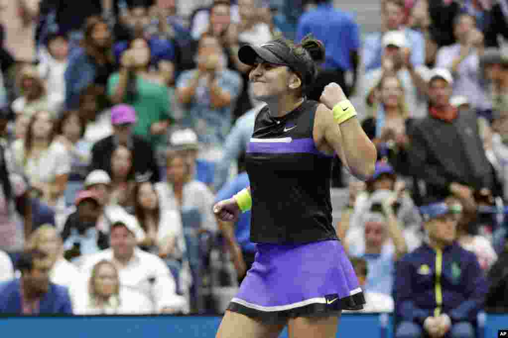 Bianca Andreescu of Canada, reacts after defeating Serena Williams of the United States, in the women's singles final of the U.S. Open tennis championships, Sept. 7, 2019, in New York.