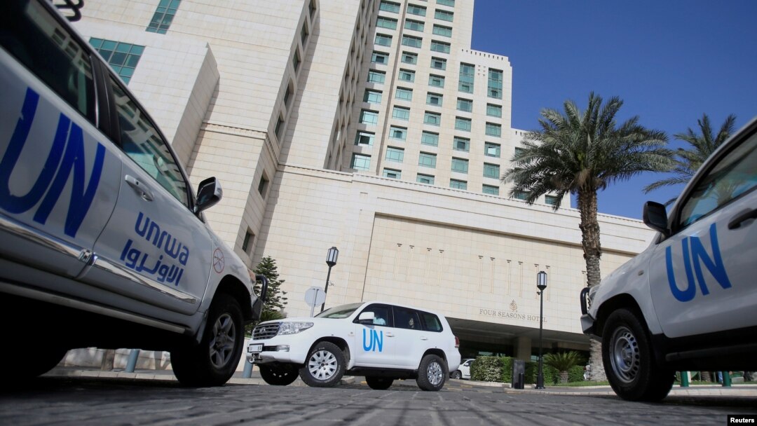 The United Nation vehicles carrying the Organisation for the Prohibition of Chemical Weapons (OPCW) inspectors is seen in Damascus, Syria, April 18, 2018.