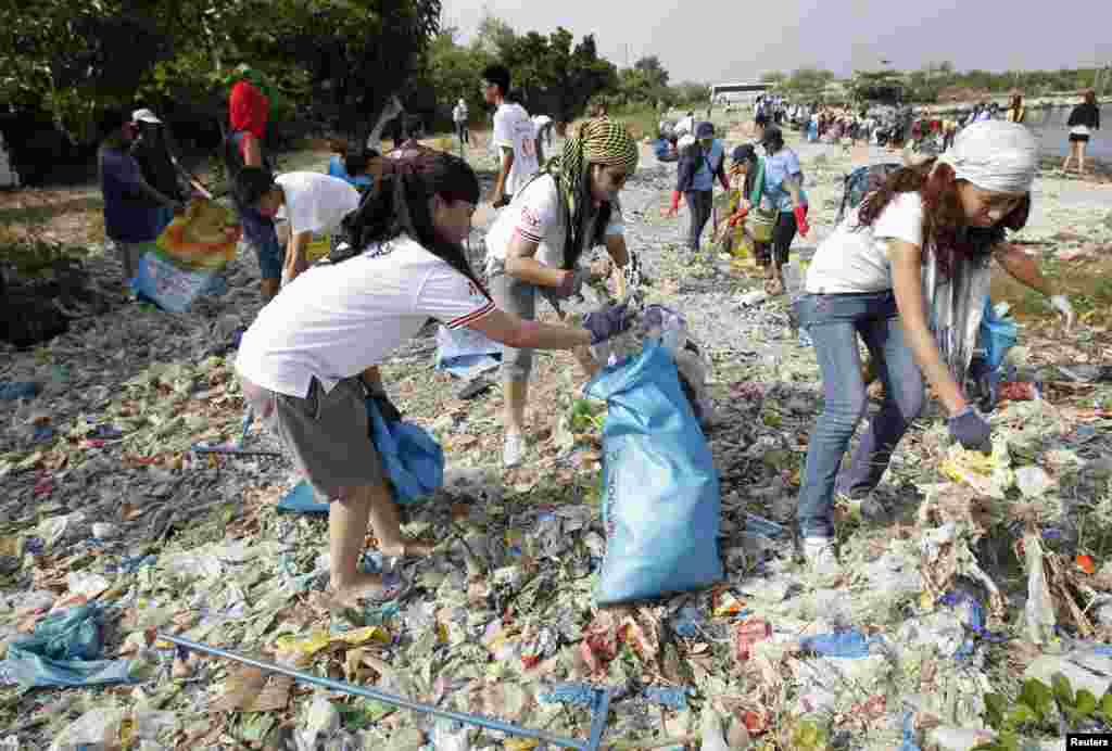 Học sinh, các nhà hoạt động môi trường, và những người thiện nguyện lượm rác để làm vệ sinh bờ biển Philippines, nơi có một khu rừng ngập mặn và một khu sinh sống của chim, trong sinh hoạt mừng Ngày Trái Đất.