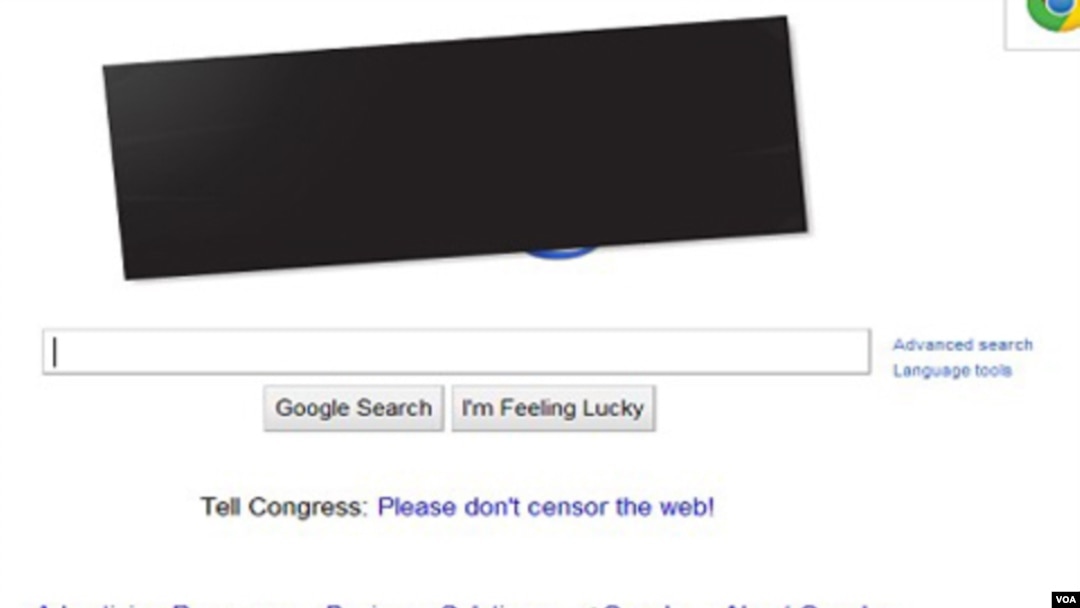 Google colocó un bloque de color negro sobre su logotipo en protesta a una iniciativa en el Congreso de EE.UU que busca penalizar la piratería.