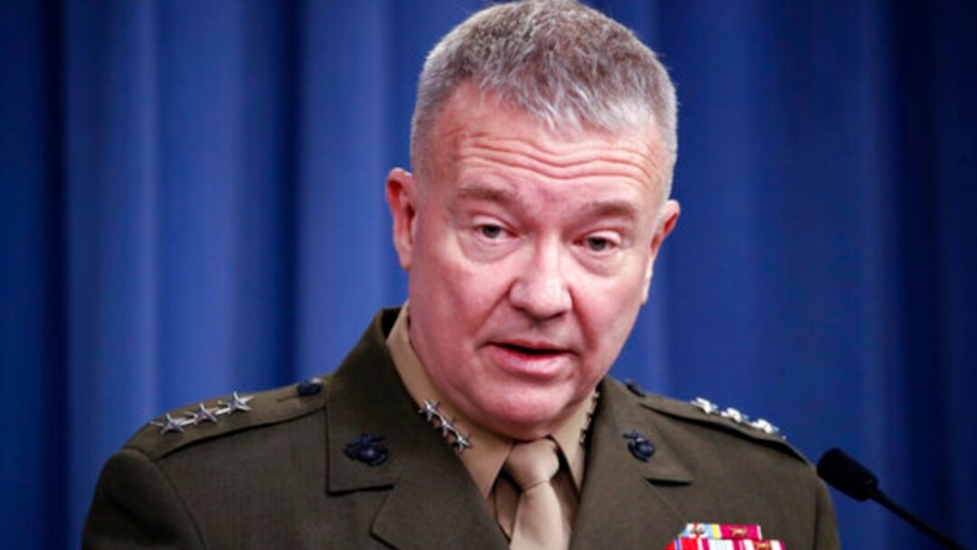 In this April1 14, 2018, file photo, then-Marine Lt. Gen. Kenneth "Frank" McKenzie speaks during a media availability at the Pentagon in Washington.