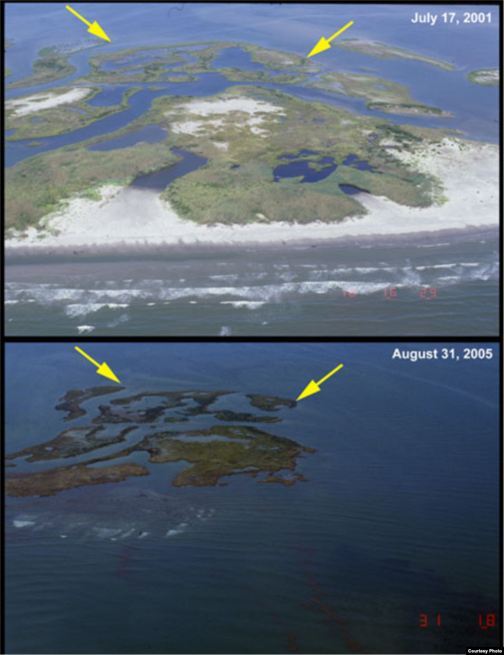 Chandeleur Islands chạy theo hướng bắc-nam cách New Orleans khoảng 100km về phía đông, trước và sau bão Katrina. 