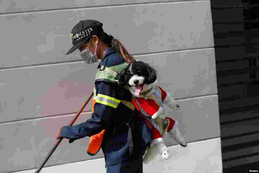 Thitirat Keowa-ram, Bangkok's street sweeper, carries her 1-year old poodle-shih tzu mix breed as she works at a street in Bangkok, Thailand.