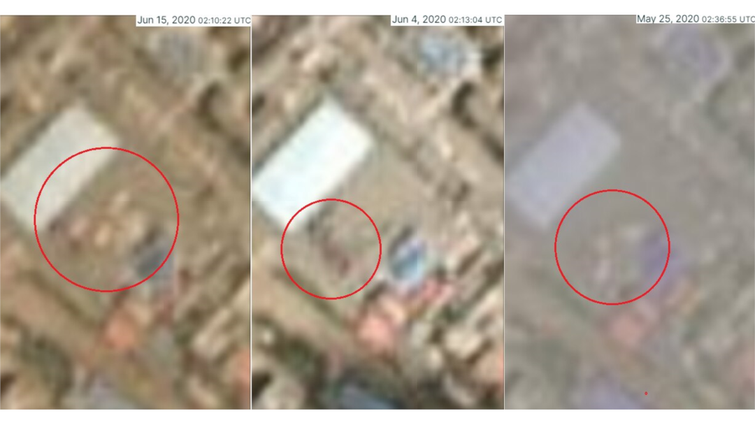 중국 단둥 세관 시설을 촬영한 플래닛 랩스의 위성사진. 왼쪽부터 이달 15일과 4일 지난달 25일 위성사진으로, 원 안에 트럭으로 보이는 물체가 보인다. 사진제공=Planet Labs