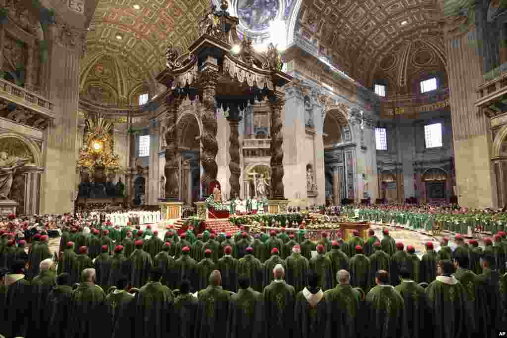Pope Francis presides over a Mass for the closing of the Amazon synod in St. Peter's Basilica at the Vatican.