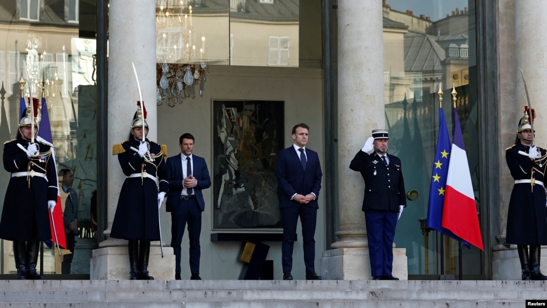 French President Emmanuel Macron waits for the arrival of European leaders for a meeting on Ukraine and European security at the Elysee Palace in Paris, Feb. 17, 2025. 