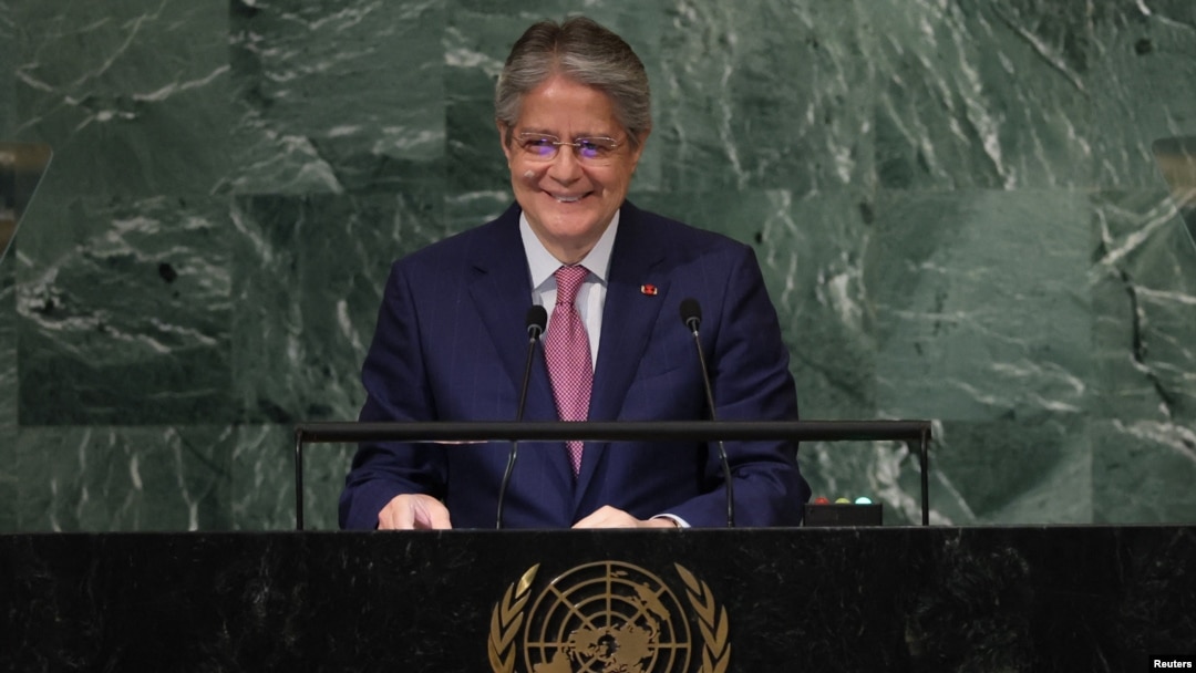 El presidente de Ecuador, Guillermo Lasso, toma la palabra en el 77° período de sesiones de la Asamblea General de las Naciones Unidas en la sede de la ONU en la ciudad de Nueva York, EEUU, el 21 de septiembre de 2021.