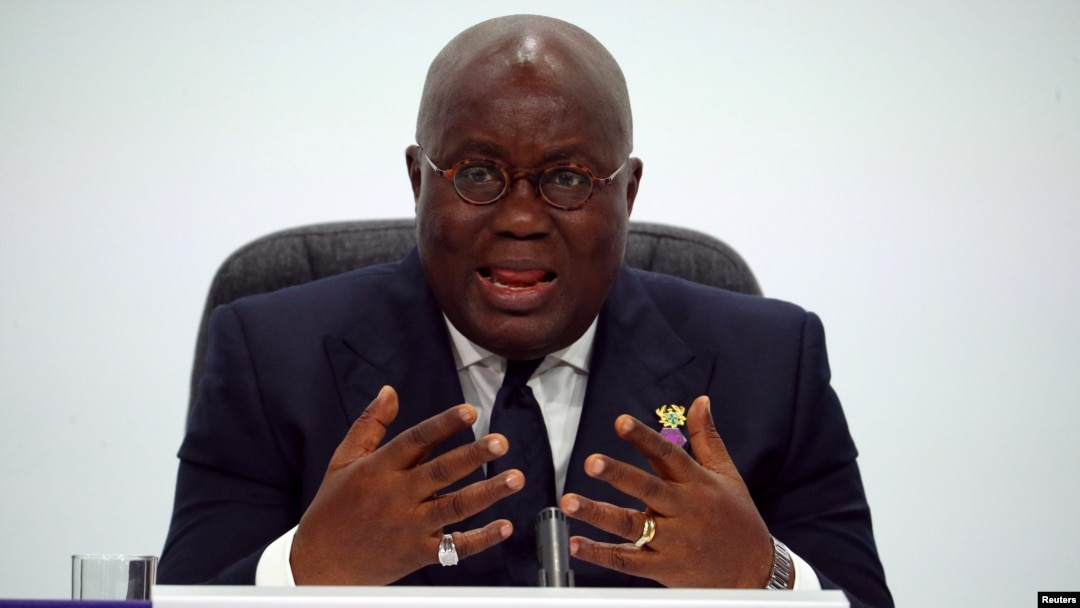 FILE - President Nana Addo Dankwa Akufo-Addo of Ghana at a news conference in London, April 20, 2018. 