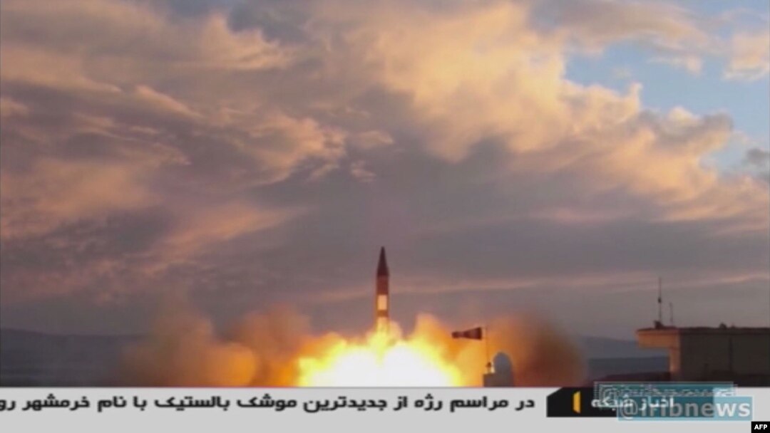 A TV grab taken Sept. 23, 2017, from Iranian Republic Islamic Broadcasting shows a Khoramshahr missile being launched from an undisclosed location, a day after the missile was first displayed at a military parade in Tehran. Iran said Sept. 23 that it had successfully tested the new medium-range missile in defiance of warnings from Washington that such activities were grounds for abandoning their nuclear deal. 