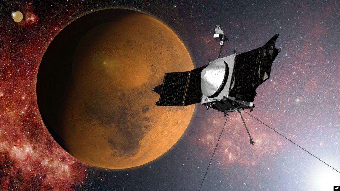 Ilustración proporcionada por la NASA del acercamiento de la nave espacial MAVEN a Marte.