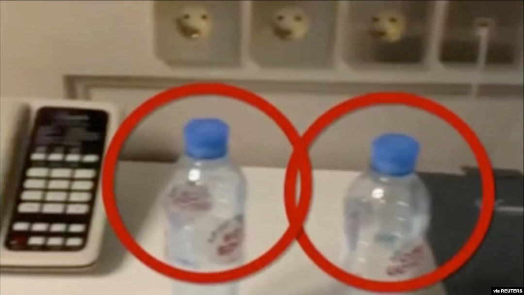Water bottles are seen in a hotel room where Kremlin critic Alexei Navalny stayed during his recent visit in the Siberian city of Tomsk, on this still image from a social media video obtained by Reuters Sept. 17, 2020. (Instagram @Navalny)
