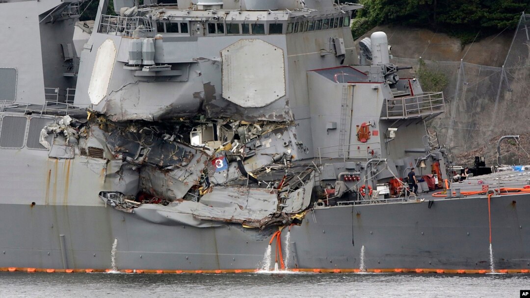Damaged part of USS Fitzgerald is seen at the U.S. Naval base in Yokosuka, southwest of Tokyo, June 18, 2017. 